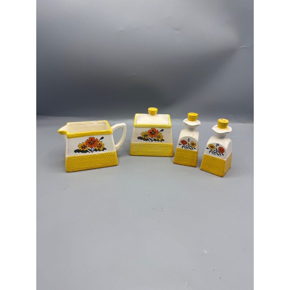 Vtg Ceramic Set Cream Pitcher Sugar Salt Pepper Shakers‎ Yellow Floral Orange